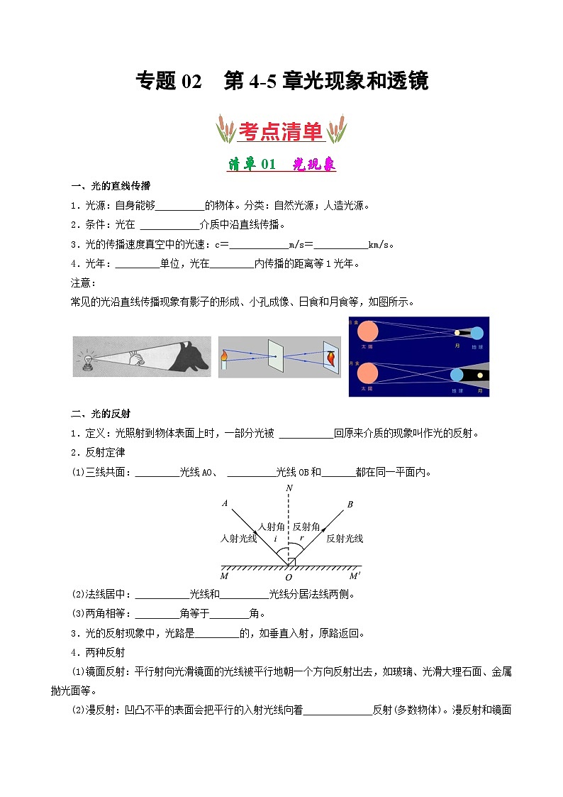 专题02 第4-5章光现象和透镜【考点清单】-2023-2024学年八年级物理上学期期末考点全预测（人教版）01