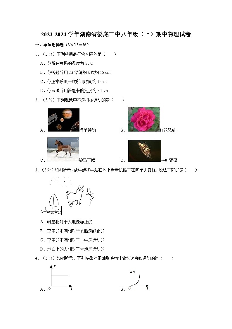 湖南省娄底市第三中学2023-2024学年八年级上学期期中物理试卷第1页