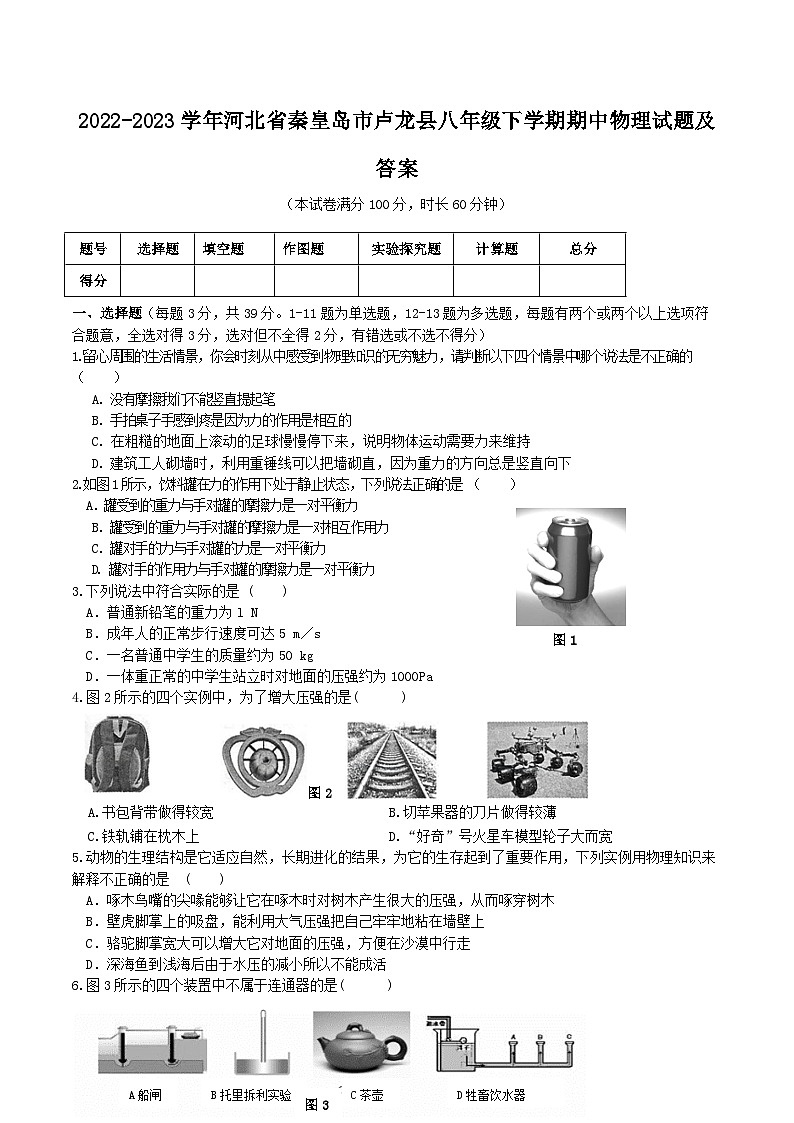 2022-2023学年河北省秦皇岛市卢龙县八年级下学期期中物理试题及答案01