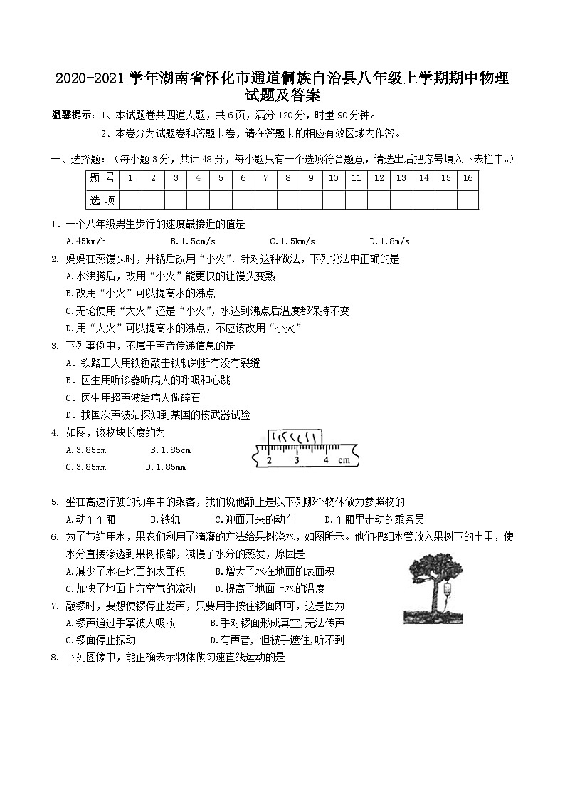2020-2021学年湖南省怀化市通道侗族自治县八年级上学期期中物理试题及答案01