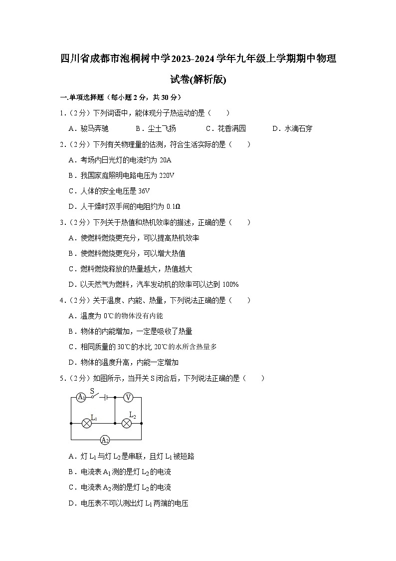 四川省成都市泡桐树中学2023-2024学年九年级上学期期中物理试卷第1页