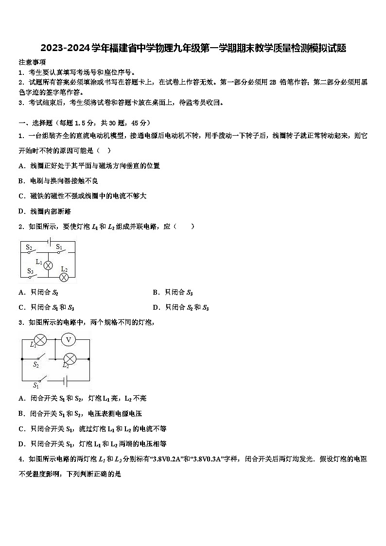 2023-2024学年福建省中学物理九年级第一学期期末教学质量检测模拟试题01