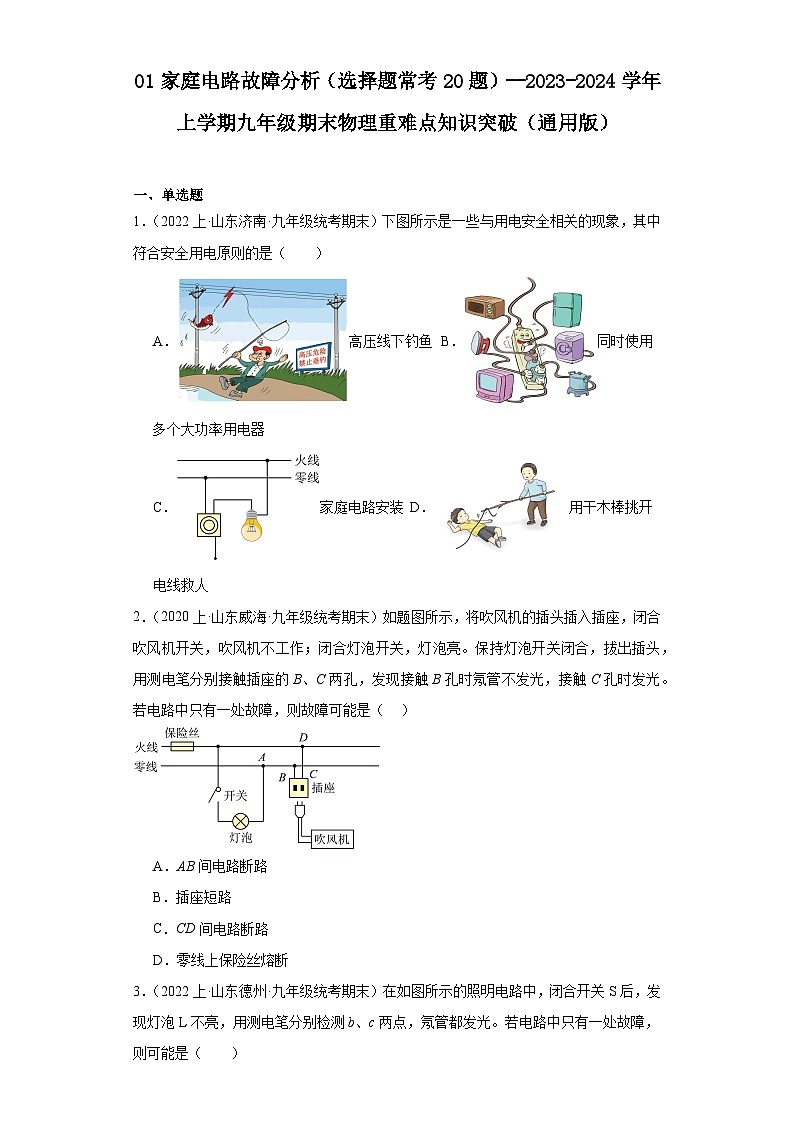 01家庭电路故障分析（选择题常考20题）--2023-2024学年上学期九年级期末物理重难点知识突破01