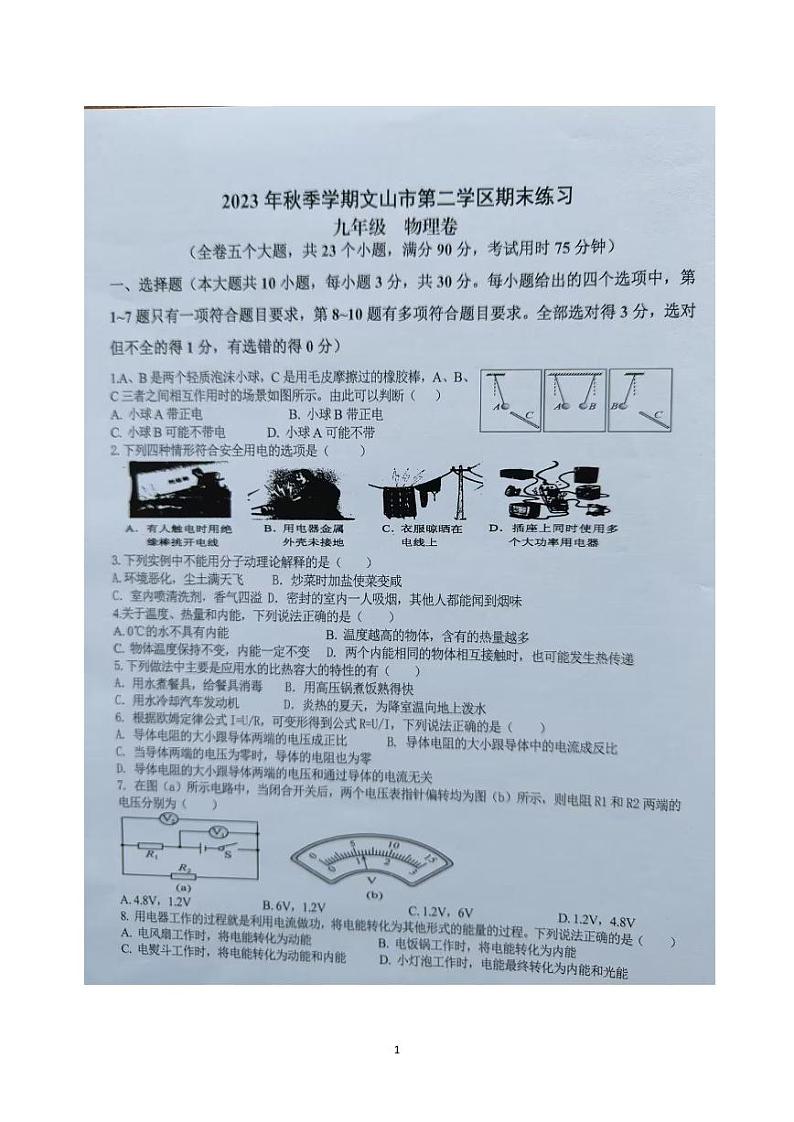 云南省文山州文山市第二学区2023-2024学年九年级上学期期末物理试卷01