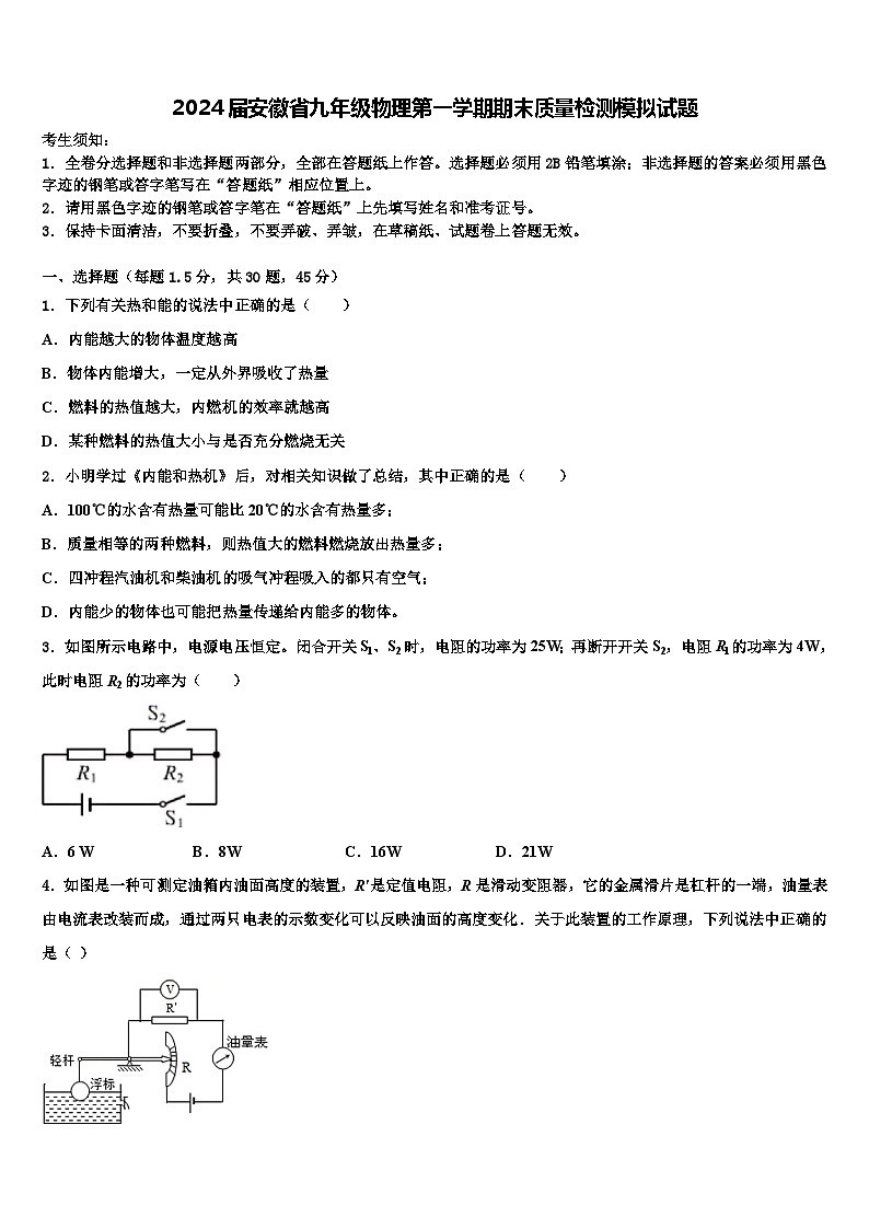 2024届安徽省九年级物理第一学期期末质量检测模拟试题第1页
