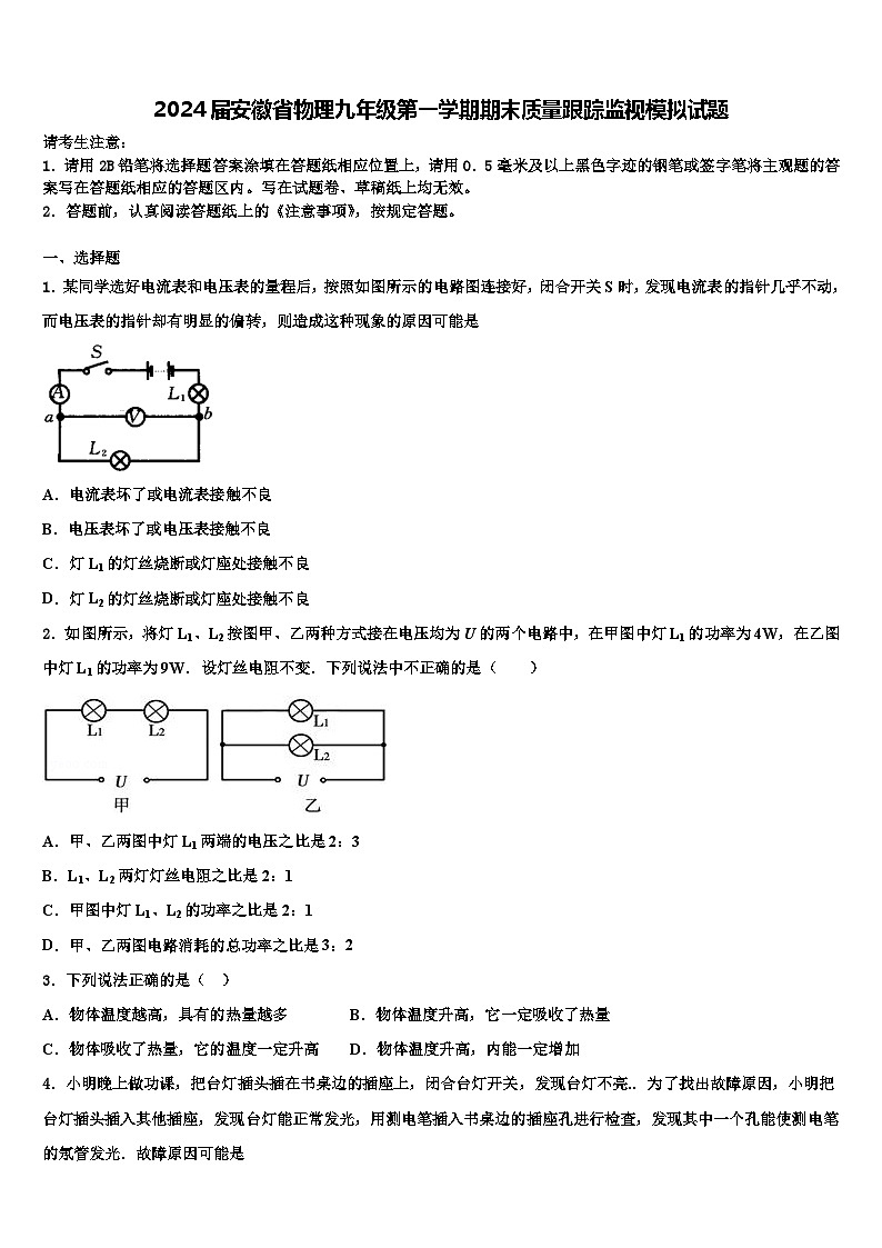 2024届安徽省物理九年级第一学期期末质量跟踪监视模拟试题第1页