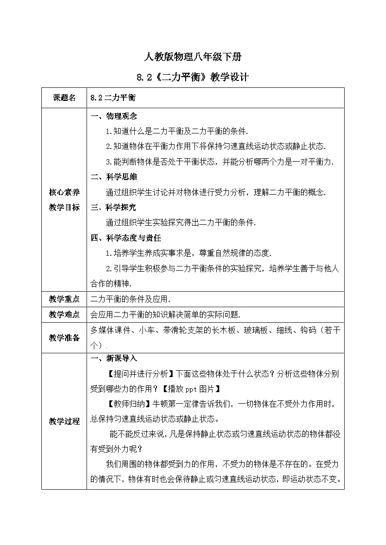 【核心素养】人教版八年级下册+第八章 +第2节《二力平衡》课件+教案+分层练习01
