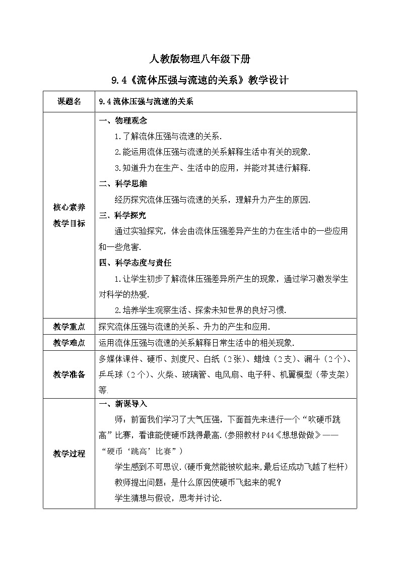 【核心素养】人教版八年级下册+第九章 +第4节《流体压强与流速的关系》课件+教案+分层练习01