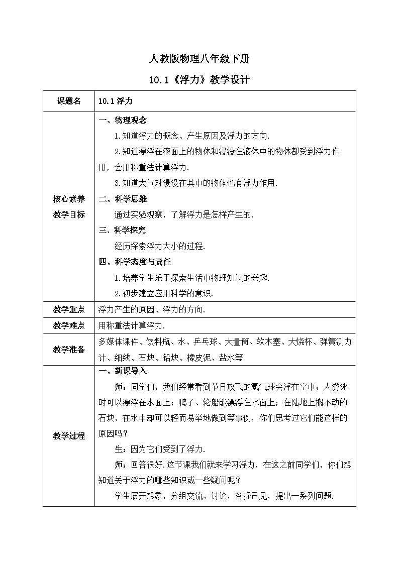 【核心素养】人教版八年级下册+第十章 +第1节《浮力》课件+教案+分层练习01