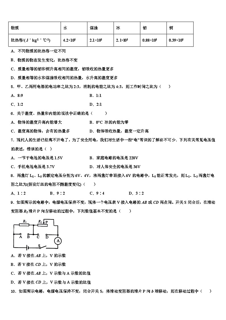 重庆市中学2023-2024学年物理九上期末考试模拟试题02