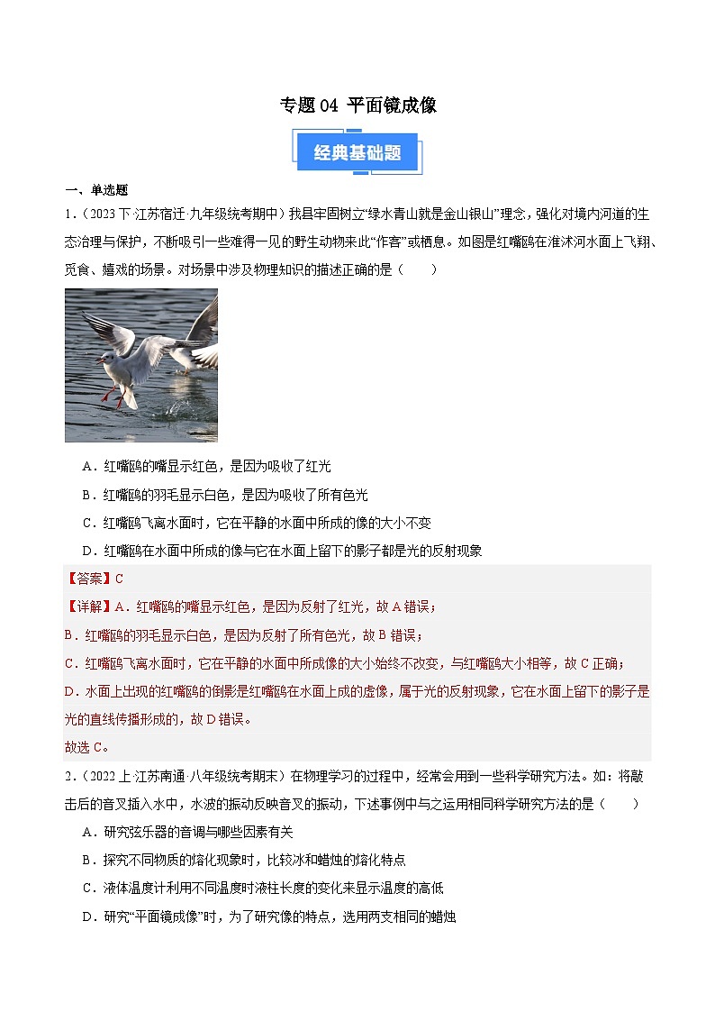 专题04 平面镜成像-【备考期末】2023-2024学年八年级物理上学期期末真题分类汇编（苏科版）01