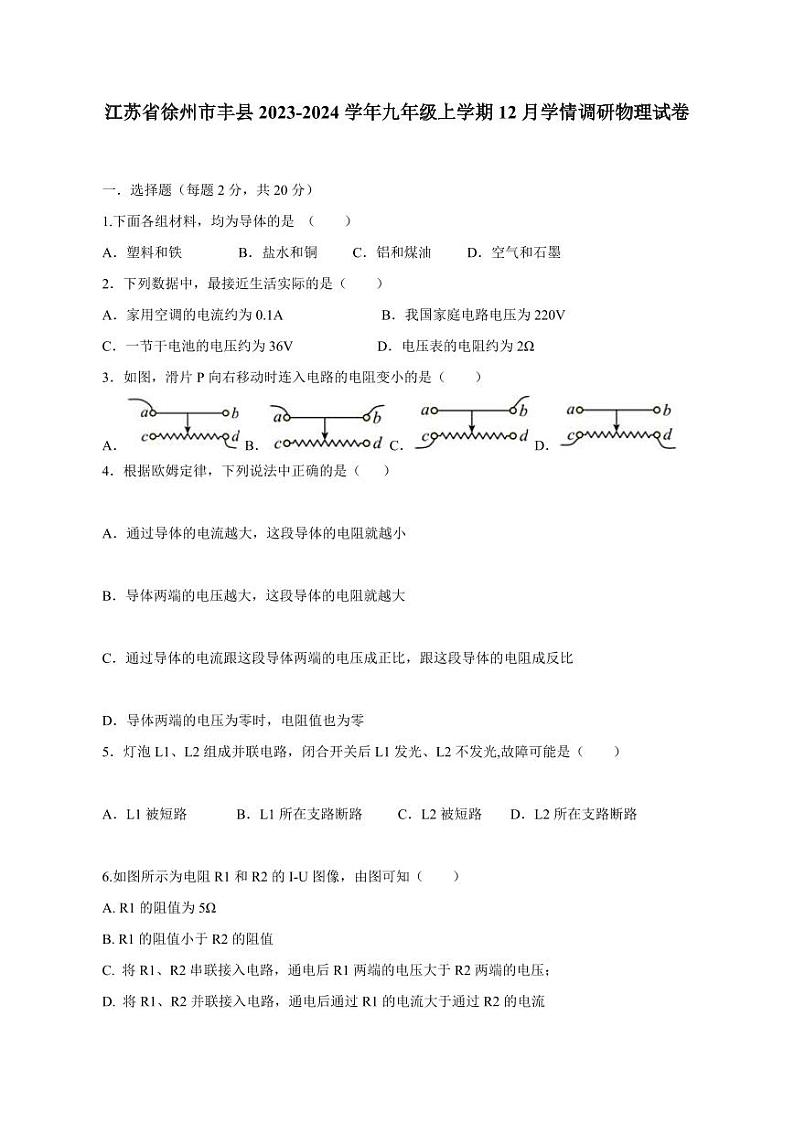 江苏省徐州市丰县2023-2024学年九年级上册12月学情调研物理试卷（附答案）第1页