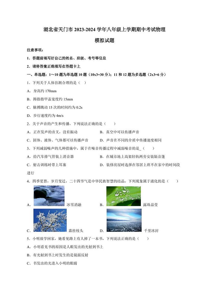 湖北省天门市2023-2024学年八年级上册期中考试物理模拟试题（附答案）第1页