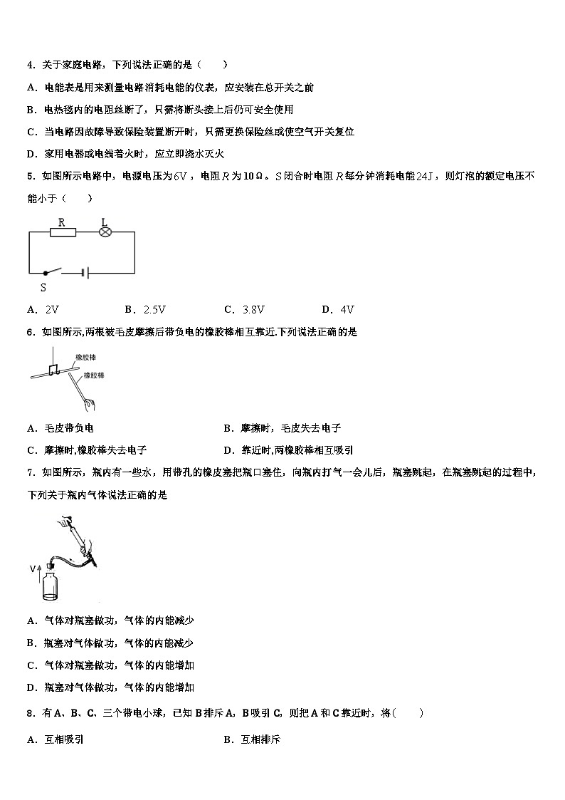 2024届重庆市中学物理九年级第一学期期末质量检测模拟试题第2页