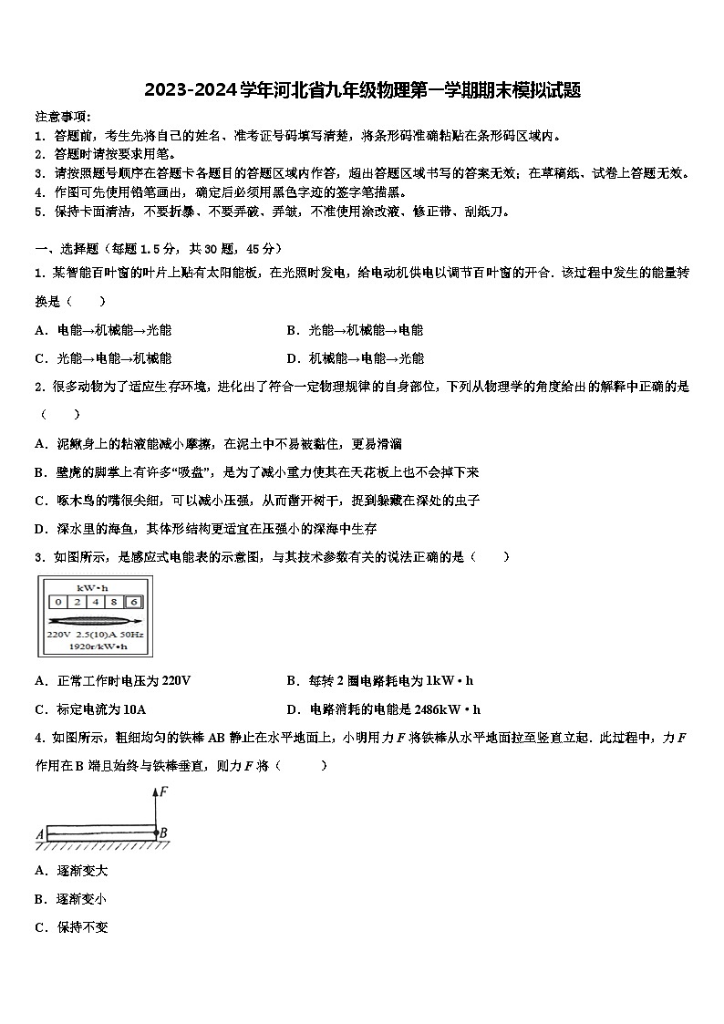 2023-2024学年河北省九年级物理第一学期期末模拟试题第1页