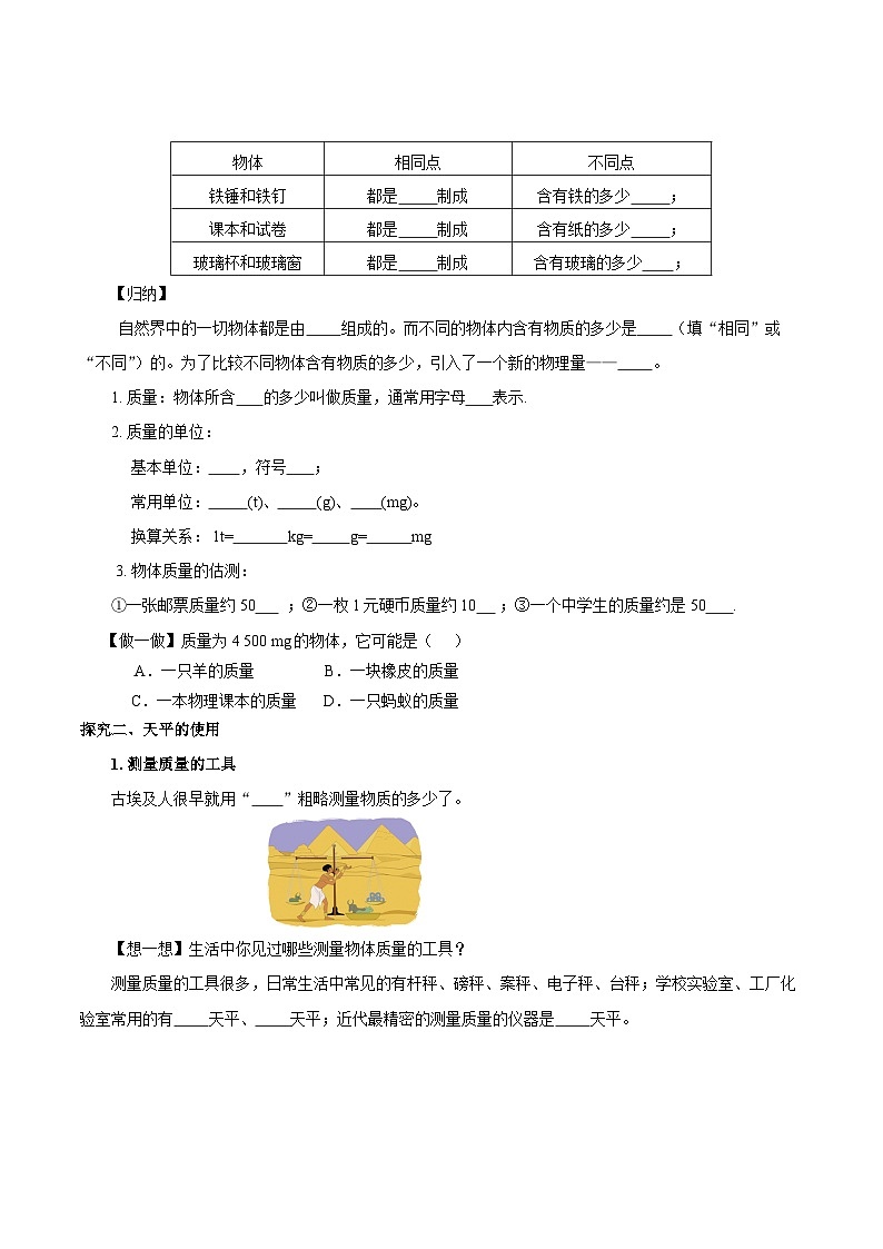 人教版八年级物理上册同步教学 6.1 质量（导学案）【学生版】第2页