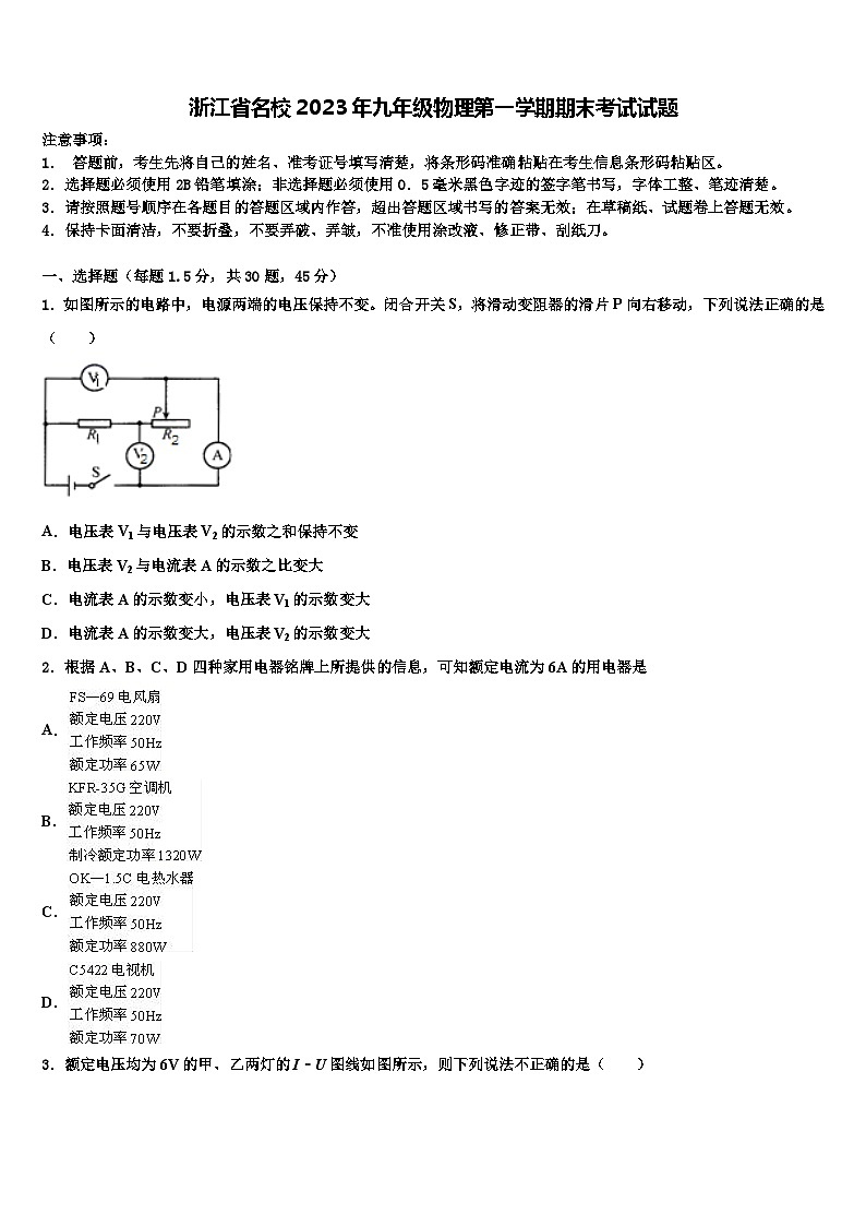 浙江省名校2023年九年级物理第一学期期末考试试题第1页