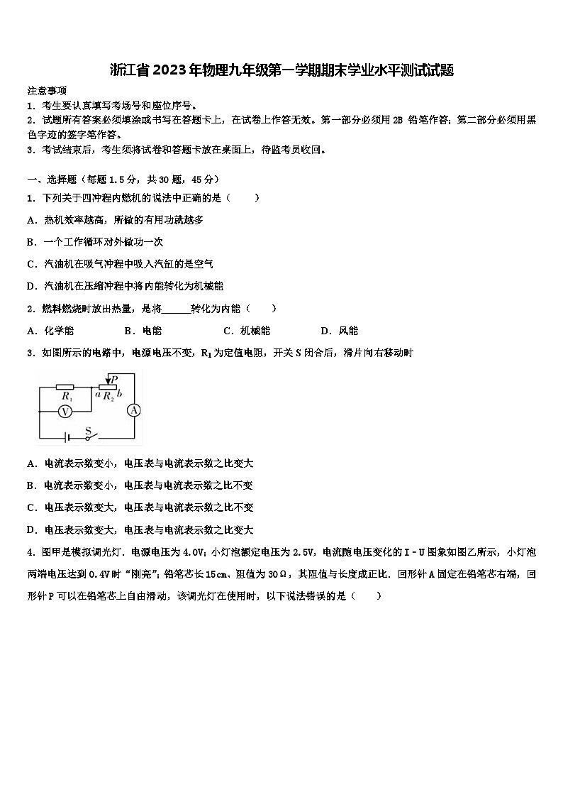浙江省2023年物理九年级第一学期期末学业水平测试试题第1页