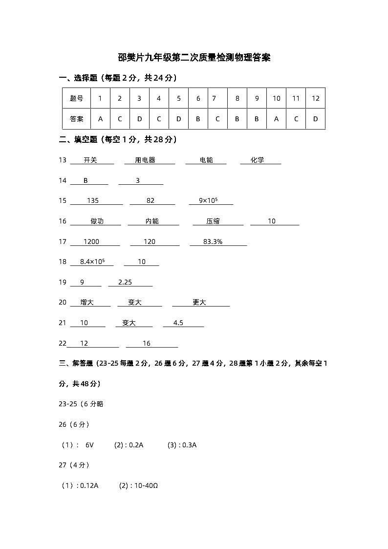 卲樊片九年级上学期12月联考物理答案第1页