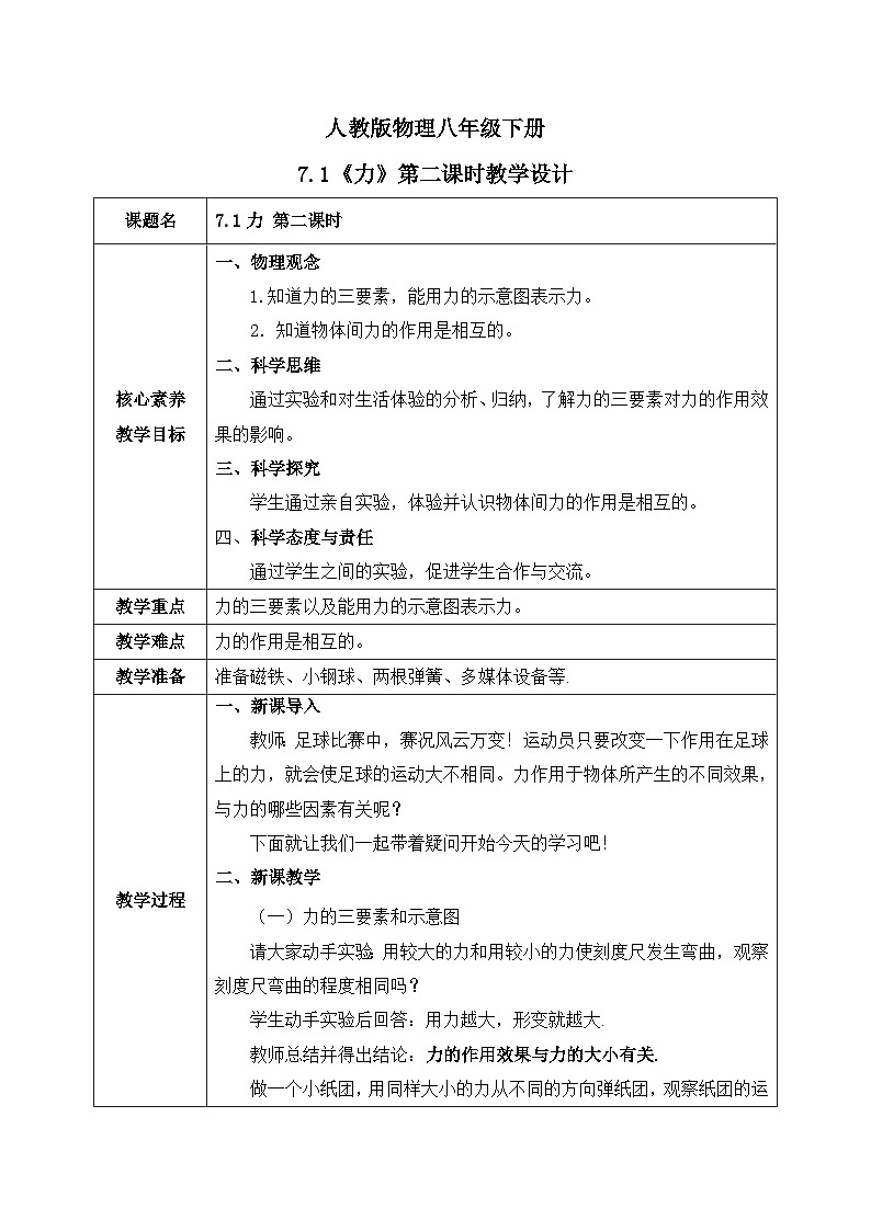 【核心素养】人教版八年级下册+第七章 +第1节《力》第2课时课件+教案+分层练习01