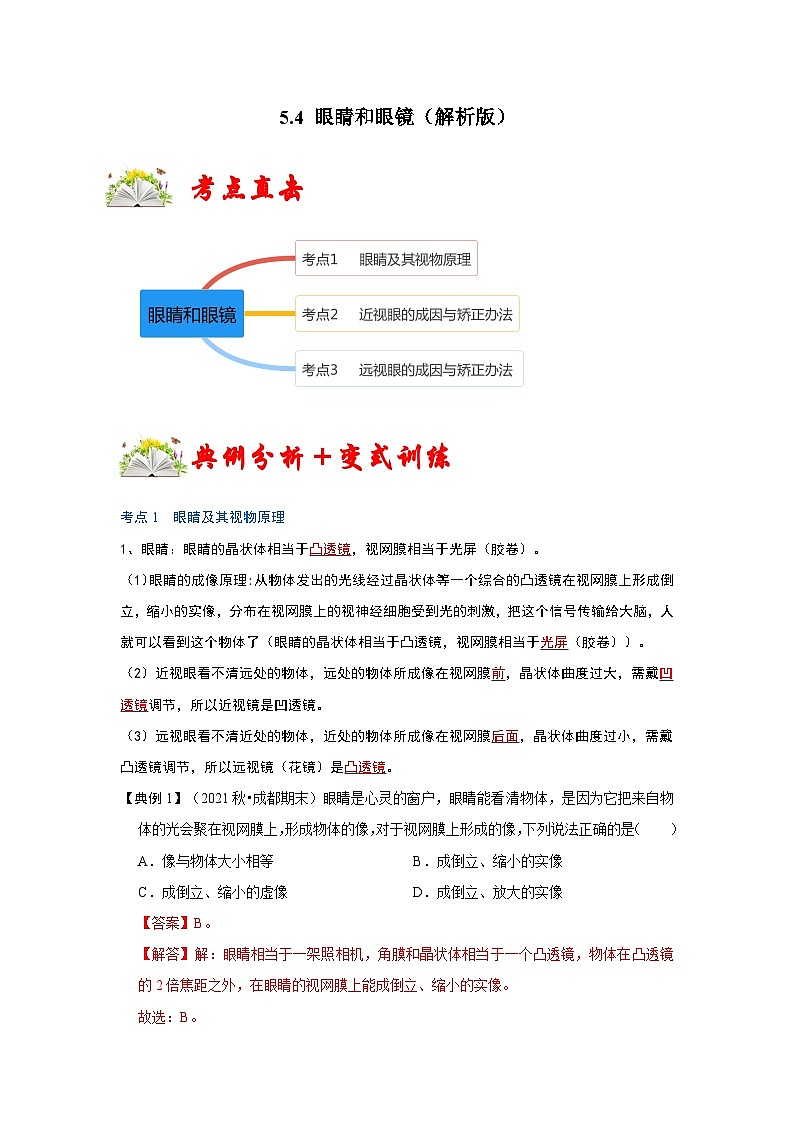人教版八年级物理上册同步考点专题训练 5.4 眼睛和眼镜（原卷版+解析版）01