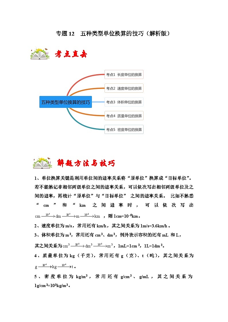 人教版八年级物理上册同步考点专题训练 专题12  五种类型单位换算的技巧（解析版）第1页