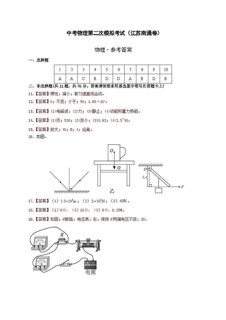 （江苏南通卷）中考物理第二次模拟考试（含考试版+答题卡+全解全析+参考答案）01