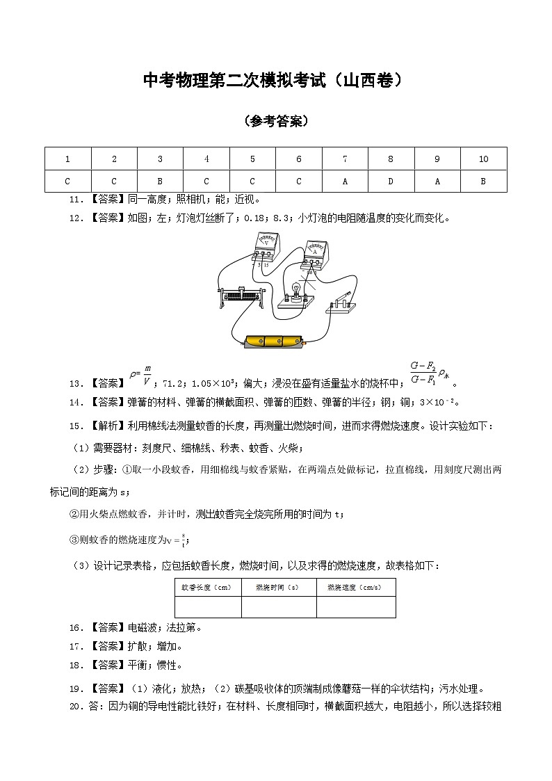 （山西卷）中考物理第二次模拟考试（参考答案）第1页