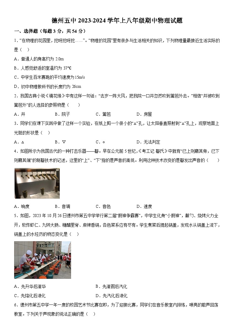 山东省德州市第五中学2023-2024学年八年级上册期中考试物理试题（含解析）第1页