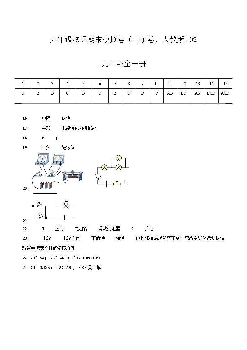九年级年级物理期末模拟卷02（山东专用，人教版九年级全一册）-2023-2024学年初中上学期期末模拟考试01
