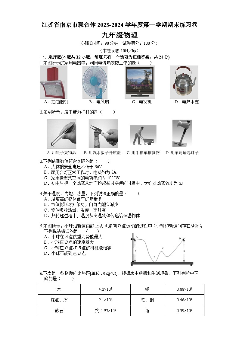 江苏省南京市联合体2023-2024学年九年级上学期期末物理练习卷第1页