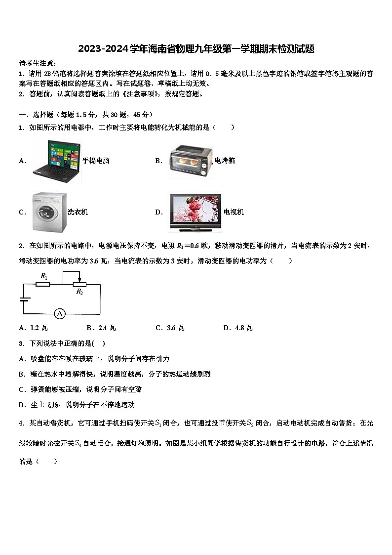 2023-2024学年海南省物理九年级第一学期期末检测试题第1页