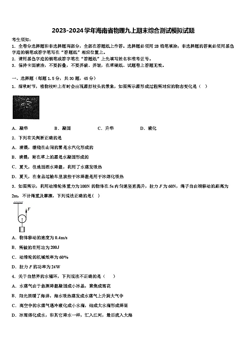 2023-2024学年海南省物理九上期末综合测试模拟试题01