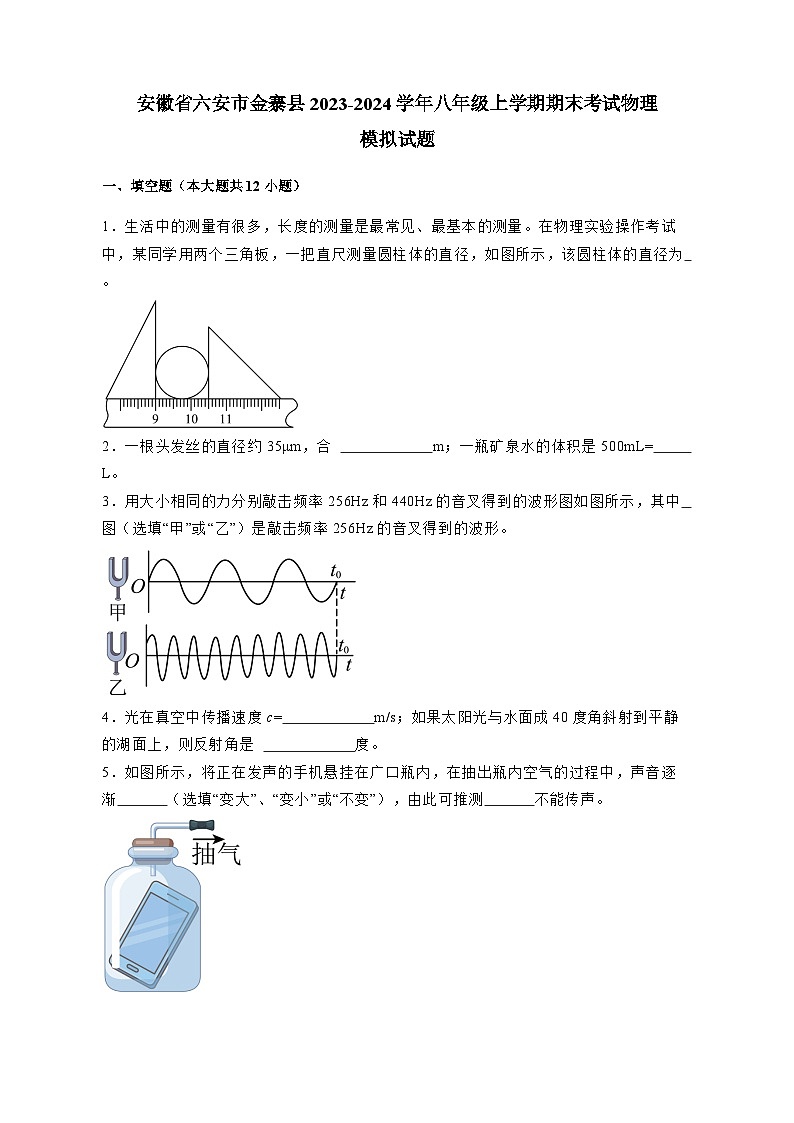 安徽省六安市金寨县2023-2024学年八年级上册期末考试物理模拟试卷（附答案）第1页