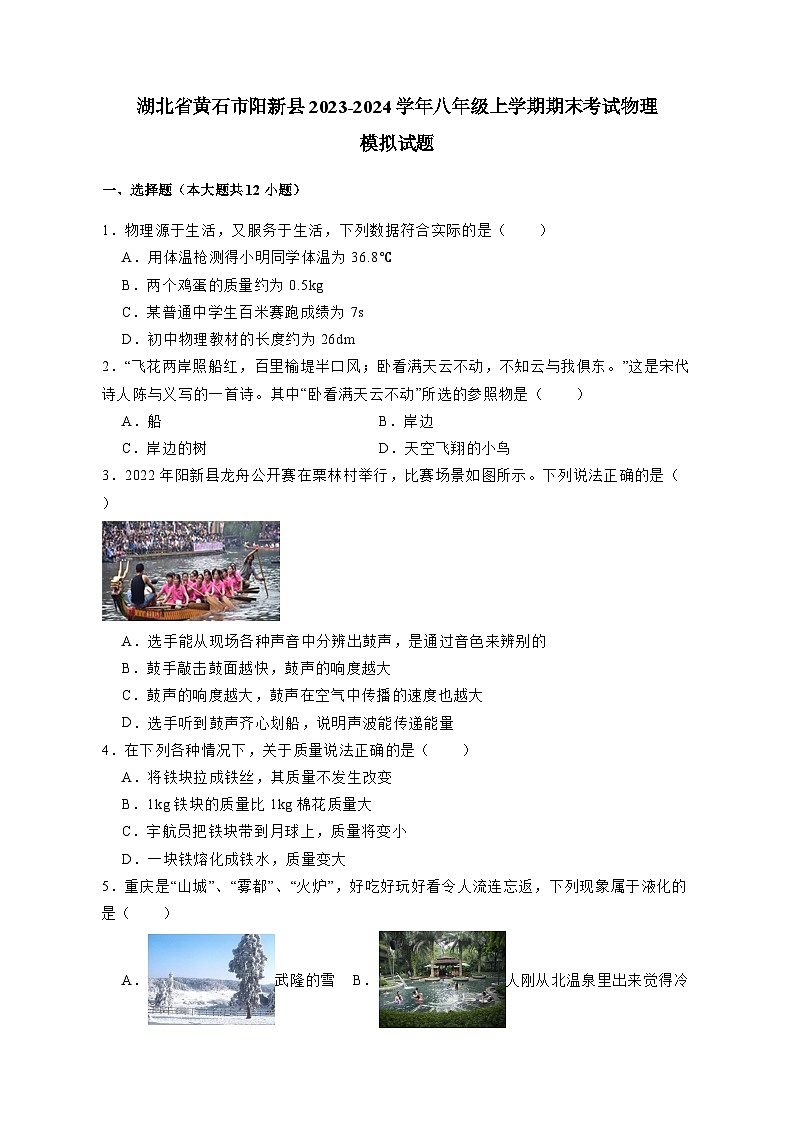 湖北省黄石市阳新县2023-2024学年八年级上册期末考试物理模拟试卷（附答案）第1页
