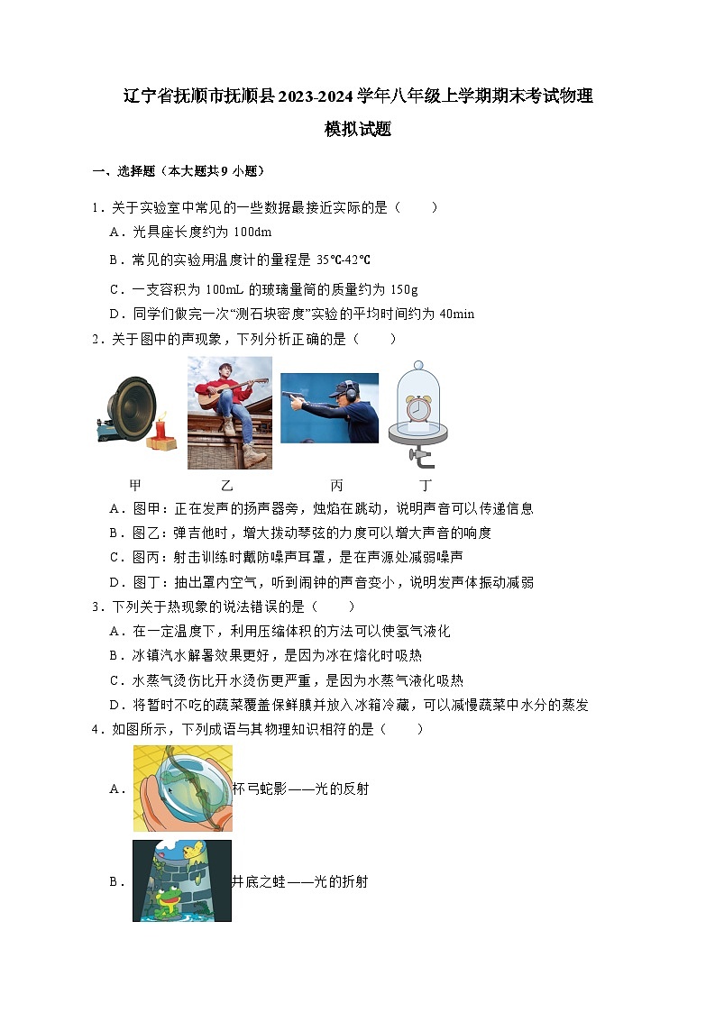 辽宁省抚顺市抚顺县2023-2024学年八年级上册期末考试物理模拟试卷（附答案）01