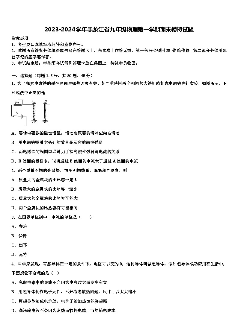 2023-2024学年黑龙江省九年级物理第一学期期末模拟试题第1页