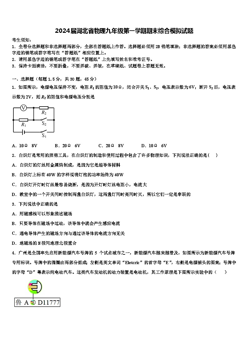 2024届湖北省物理九年级第一学期期末综合模拟试题第1页