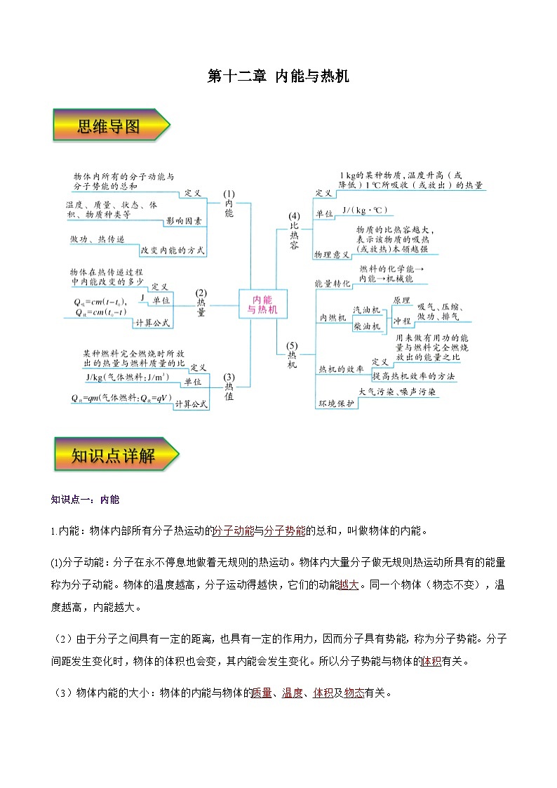 沪粤版九年级物理上册同步精品课堂 第十二章 内能与热机 单元总结（全解全析+原卷版）01