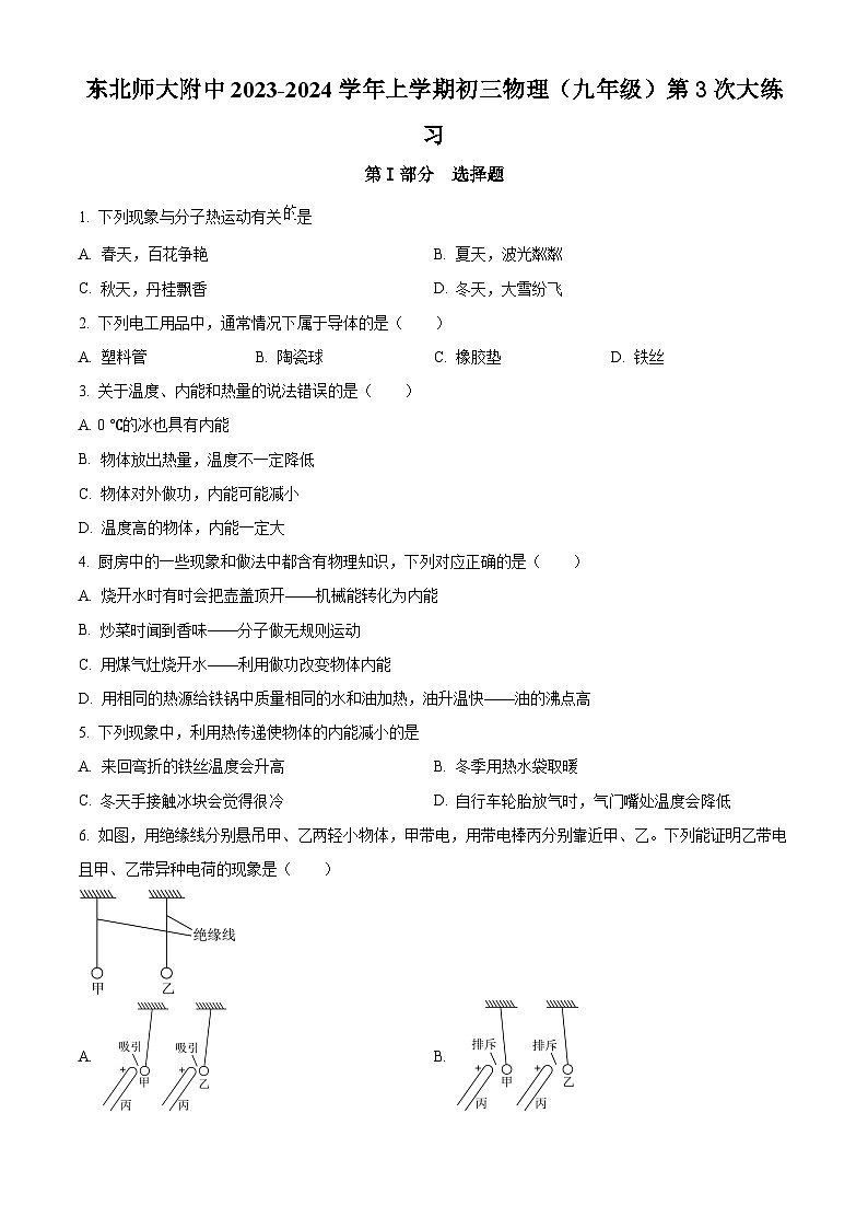 精品解析：吉林省东北师范大学附属中学—九年级上学期大练习（3）物理试题（原卷版）第1页