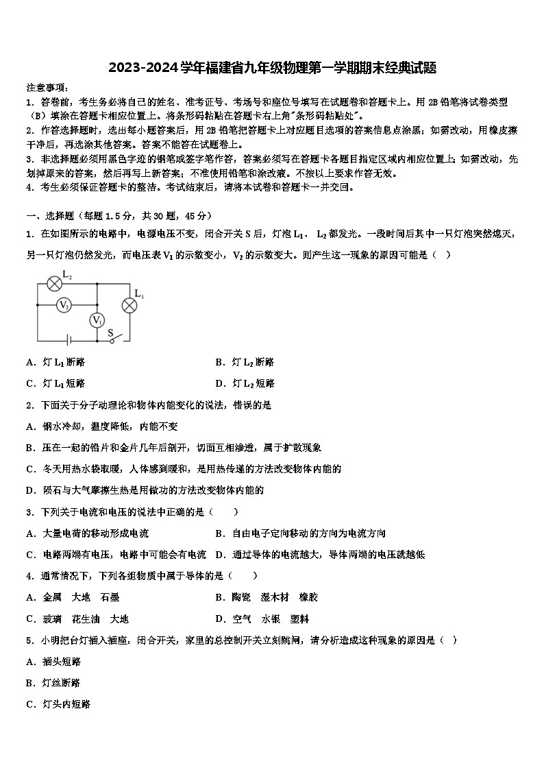 2023-2024学年福建省九年级物理第一学期期末经典试题01