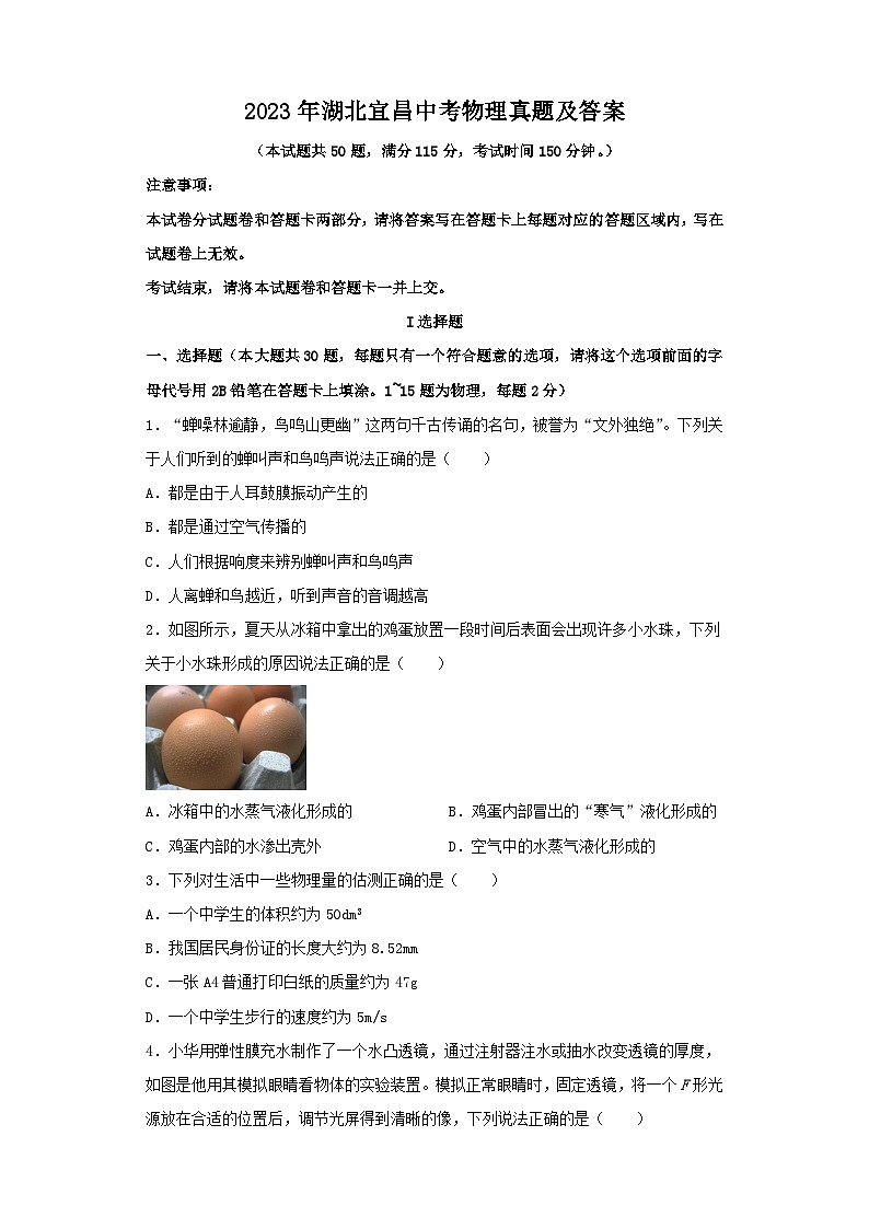 2023年湖北宜昌中考物理真题及答案01