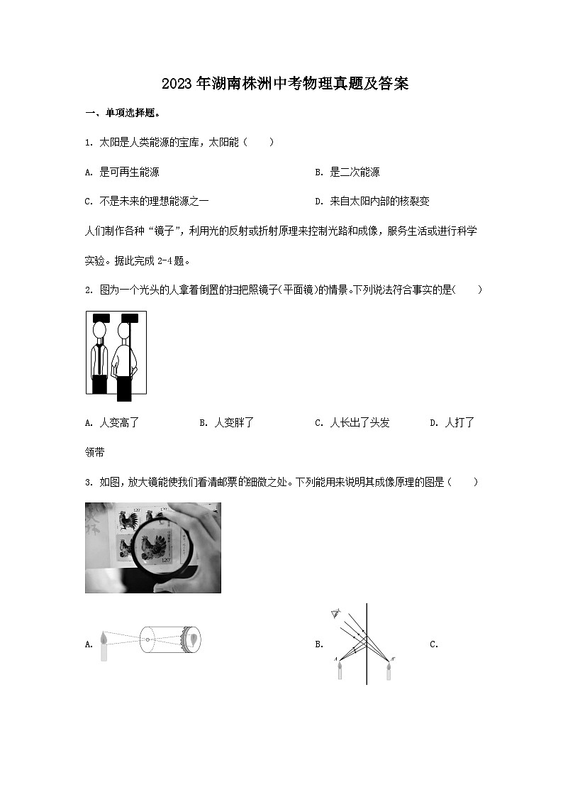 2023年湖南株洲中考物理真题及答案第1页