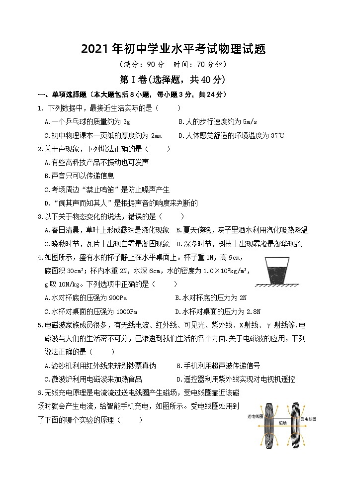 2021年初中学业水平考试物理试题第1页
