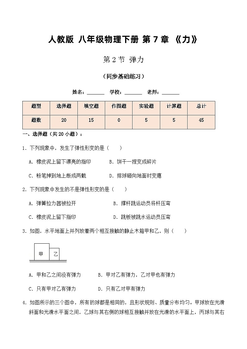 人教版八年级物理下册7.2弹力（同步基础练习）原卷版+解析版01