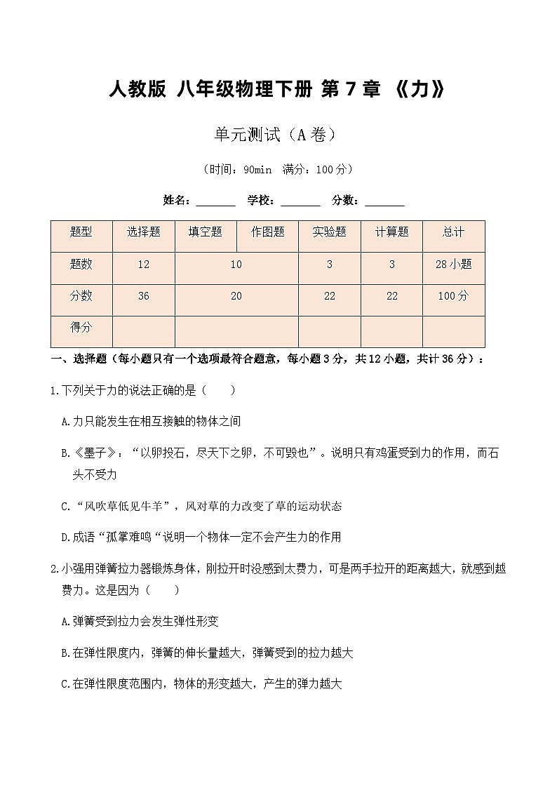 人教版八年级物理下册7.4人教版八年级下册物理第7章《力》单元测试（A卷）原卷版+解析版01