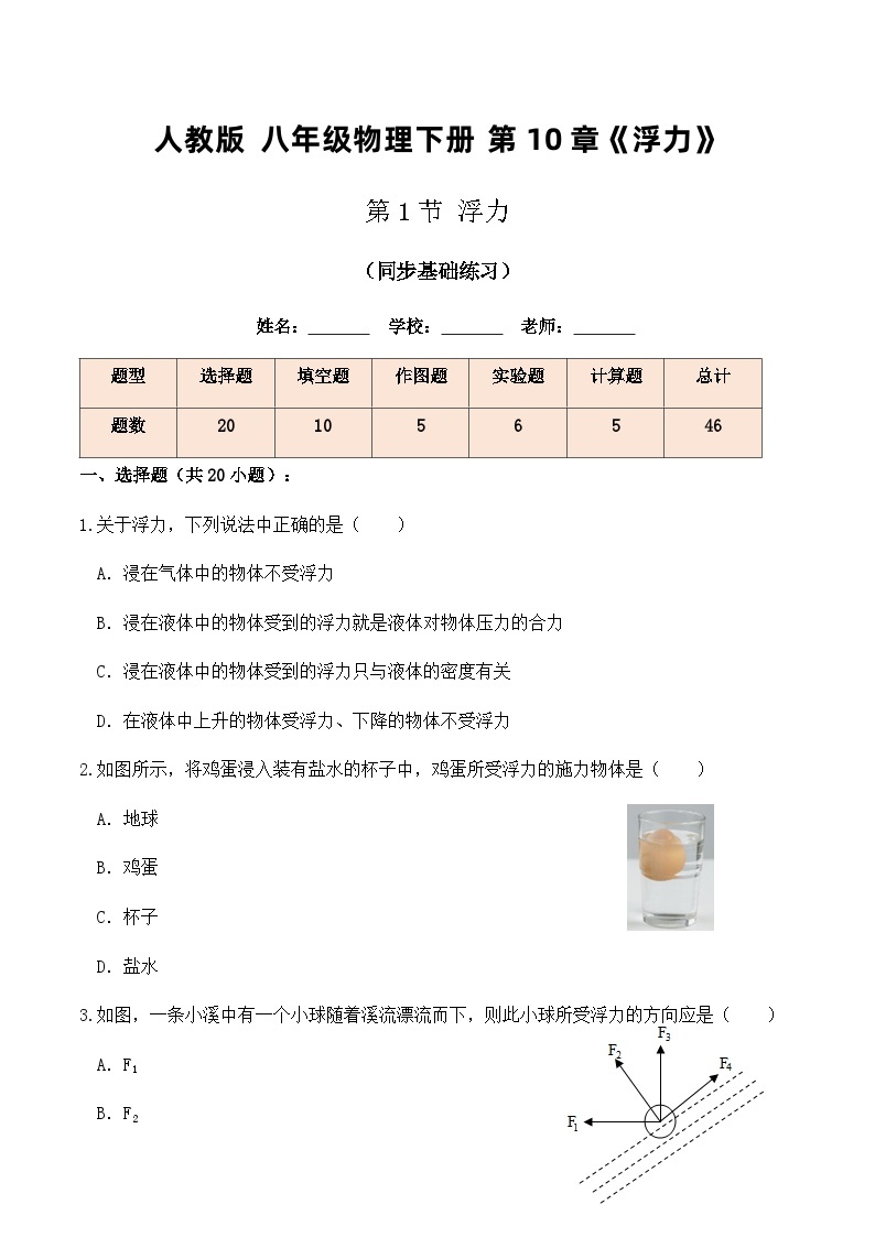 人教版八年级物理下册10.1浮力（同步基础练习）原卷版+解析版01