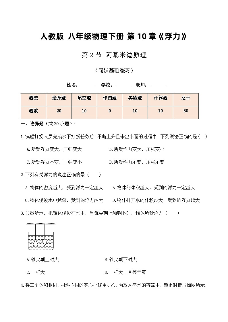 人教版八年级物理下册10.2阿基米德原理（同步基础练习）原卷版+解析版第1页