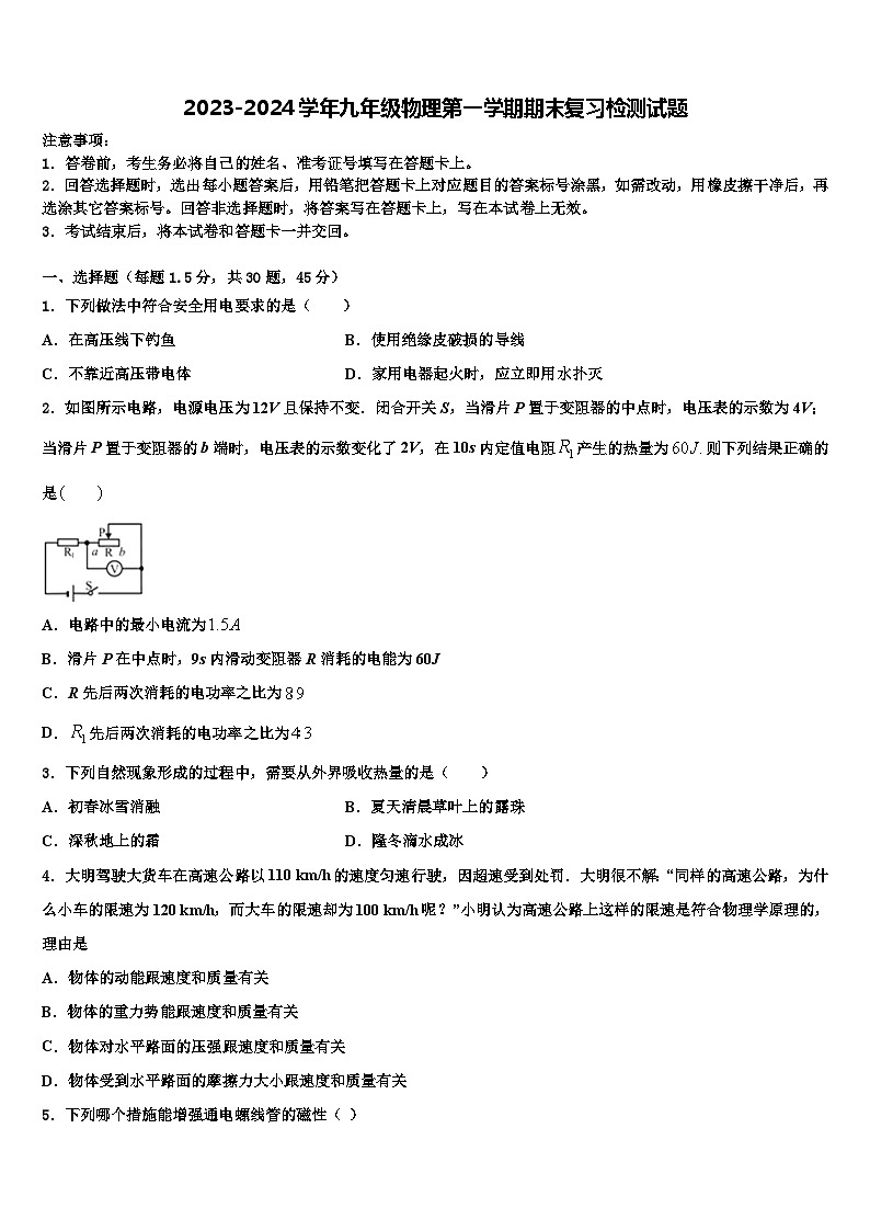 2023-2024学年九年级物理第一学期期末复习检测试题第1页