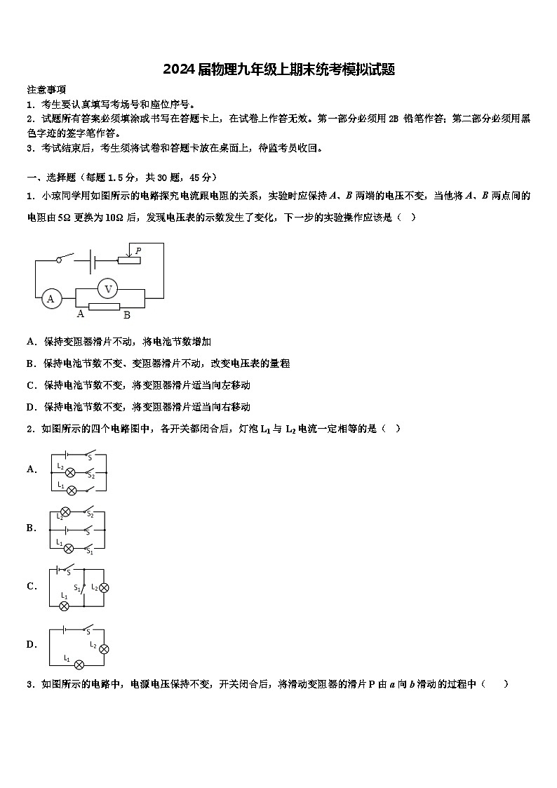 2024届物理九年级上期末统考模拟试题01